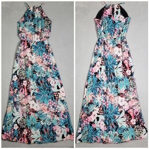 Bershka Maxi Dress Womens Medium Floral Butterfly Print Halter Tie Lined Boho